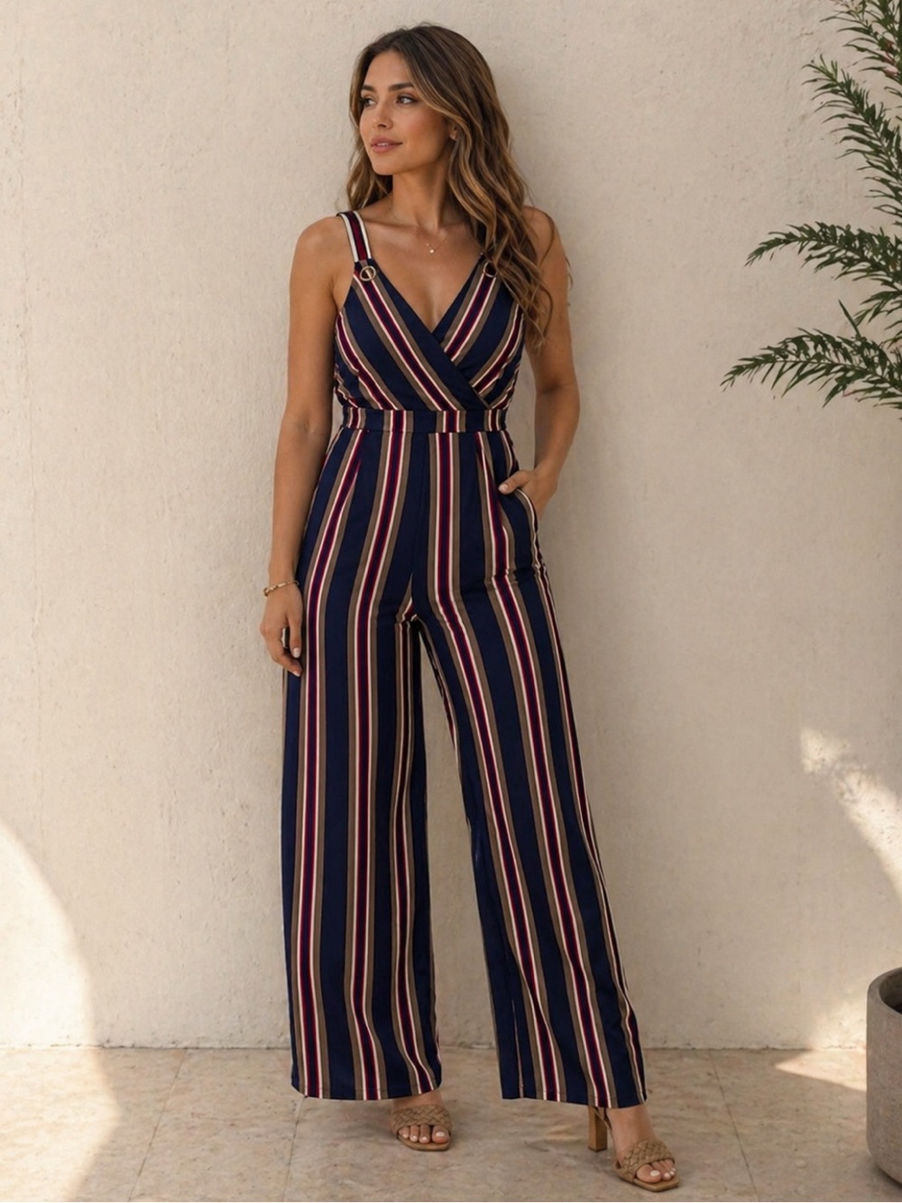 Striped Navy Jumpsuit with Pink & Cream Accents